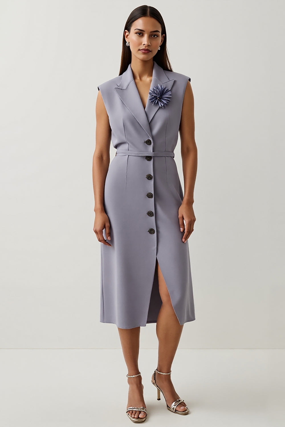 Grey Purple Satin Peak Lapel Midi Work Dress with Slit