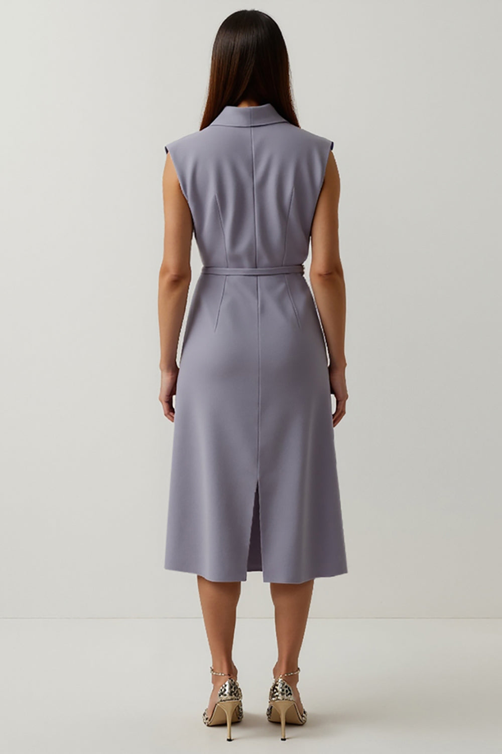 Grey Purple Satin Peak Lapel Midi Work Dress with Slit