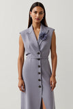 Grey Purple Satin Peak Lapel Midi Work Dress with Slit