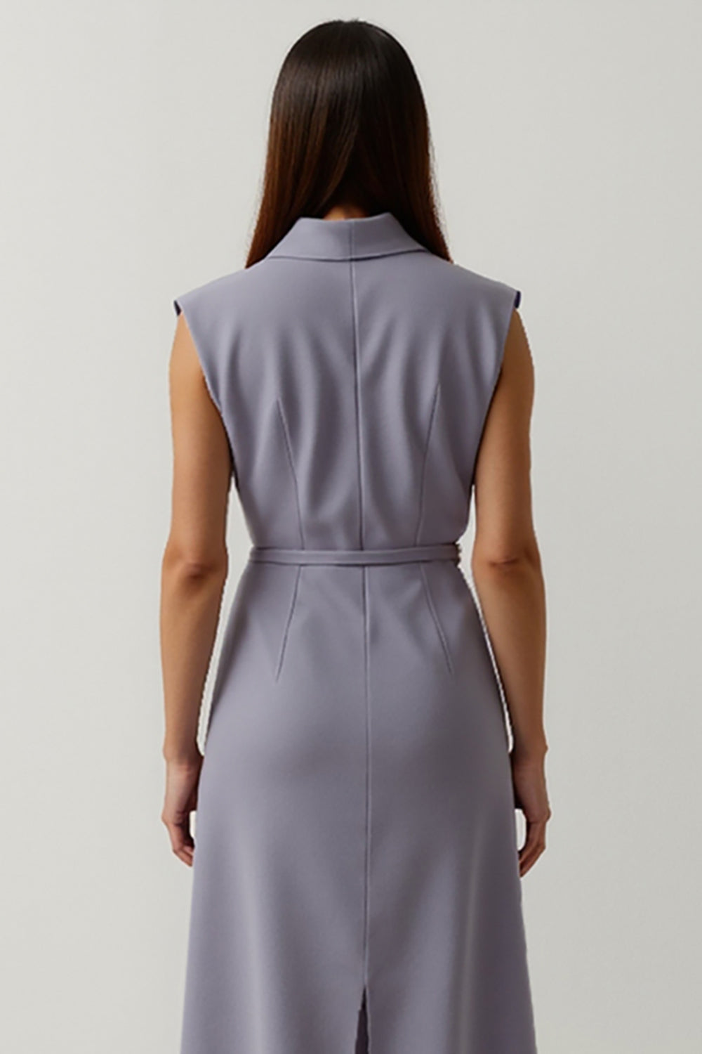 Grey Purple Satin Peak Lapel Midi Work Dress with Slit