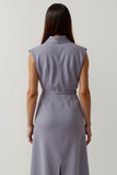 Grey Purple Satin Peak Lapel Midi Work Dress with Slit