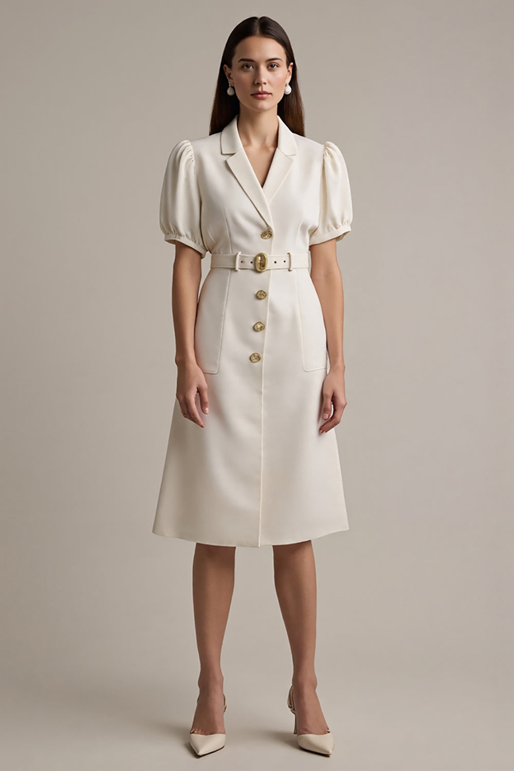 Ivory Satin Notched Lapel Short Sleeves Midi Work Dress with Belt