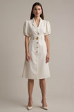Ivory Satin Notched Lapel Short Sleeves Midi Work Dress with Belt