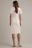 Ivory Satin Notched Lapel Short Sleeves Midi Work Dress with Belt