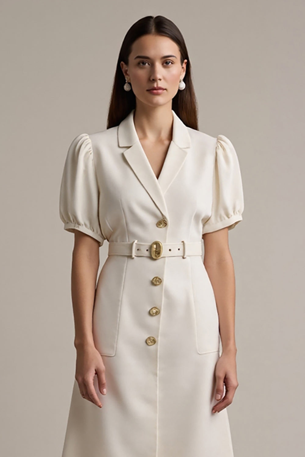 Ivory Satin Notched Lapel Short Sleeves Midi Work Dress with Belt
