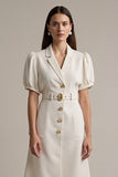 Ivory Satin Notched Lapel Short Sleeves Midi Work Dress with Belt