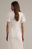 Ivory Satin Notched Lapel Short Sleeves Midi Work Dress with Belt