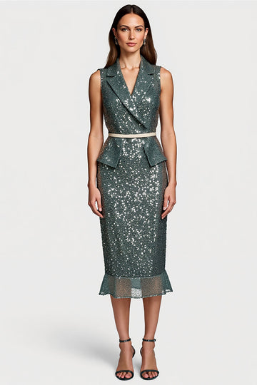 Sparkly Grey Green Notched Lapel Sequins Midi Formal Dress