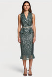 Sparkly Grey Green Notched Lapel Sequins Midi Formal Dress