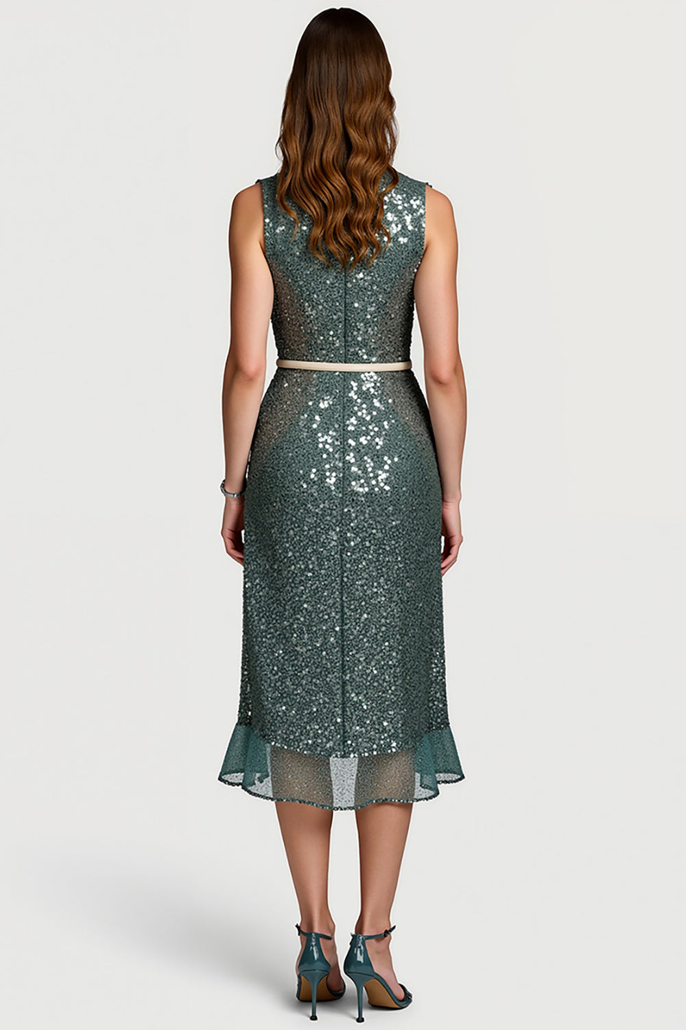 Sparkly Grey Green Notched Lapel Sequins Midi Formal Dress