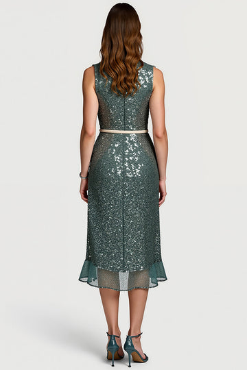 Sparkly Grey Green Notched Lapel Sequins Midi Formal Dress