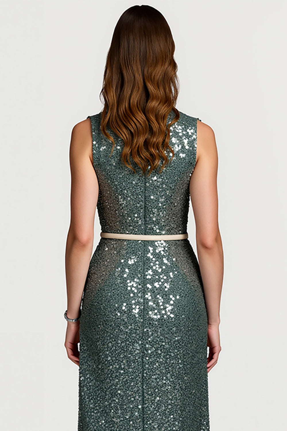 Sparkly Grey Green Notched Lapel Sequins Midi Formal Dress