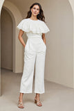 White Long Round Neck Women Jumpsuits with Lace