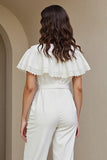 White Long Round Neck Women Jumpsuits with Lace