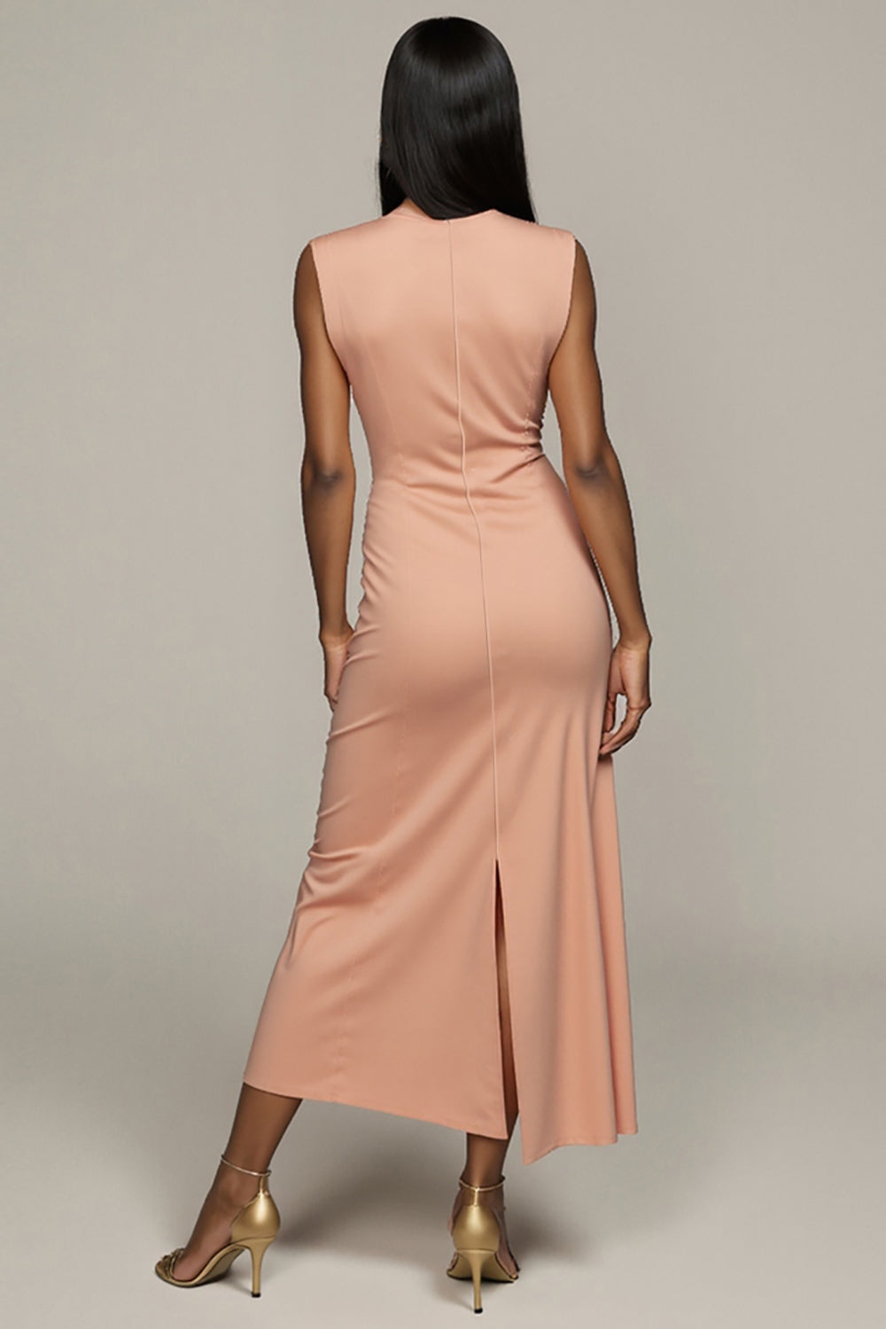 Blush Satin Sheath Round Neck Long Formal Dress with Slit