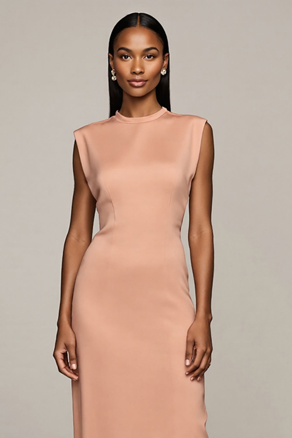 Blush Satin Sheath Round Neck Long Formal Dress with Slit