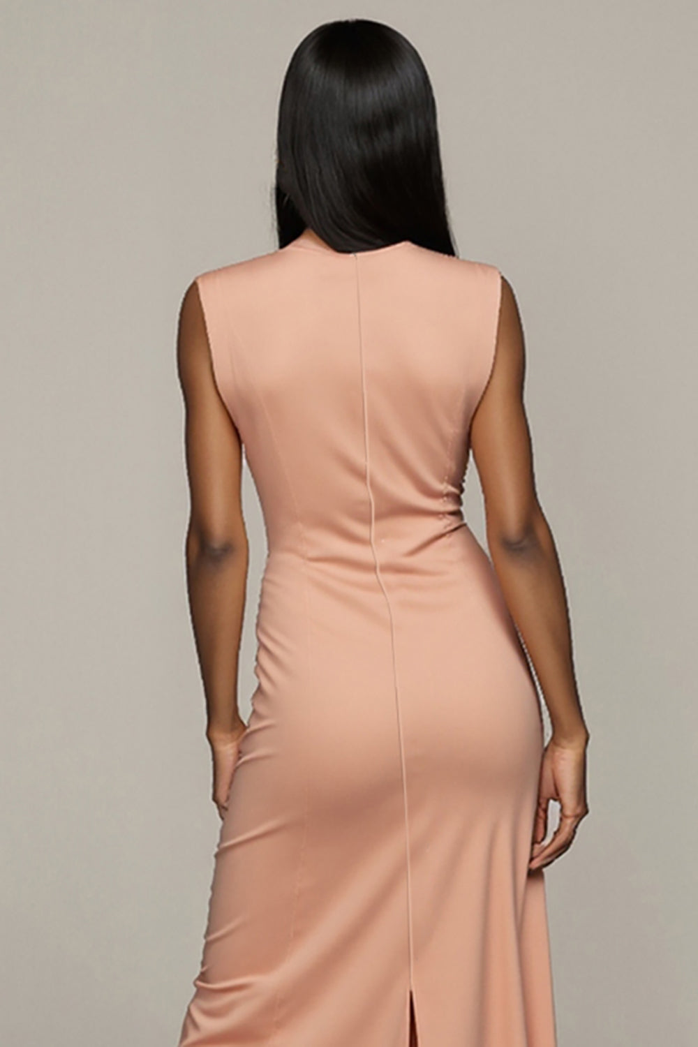 Blush Satin Sheath Round Neck Long Formal Dress with Slit