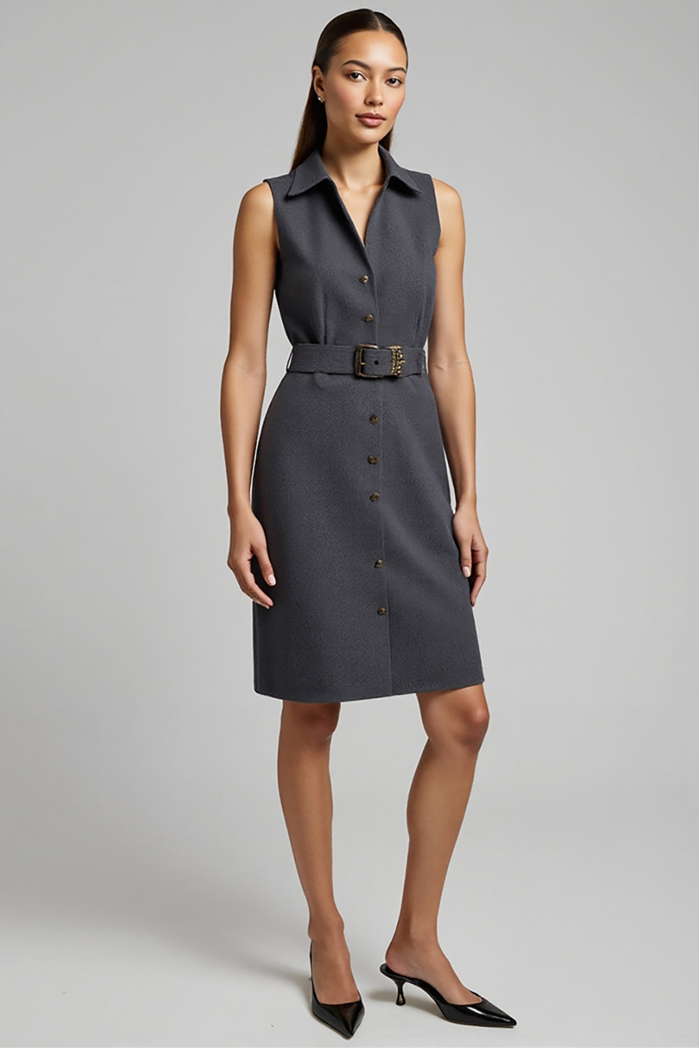 Dark Grey Bodycon Collar Neck Midi Work Dress with Belt