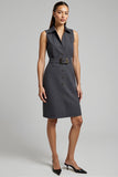 Dark Grey Bodycon Collar Neck Midi Work Dress with Belt