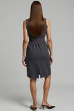 Dark Grey Bodycon Collar Neck Midi Work Dress with Belt