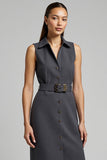Dark Grey Bodycon Collar Neck Midi Work Dress with Belt