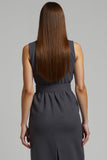 Dark Grey Bodycon Collar Neck Midi Work Dress with Belt