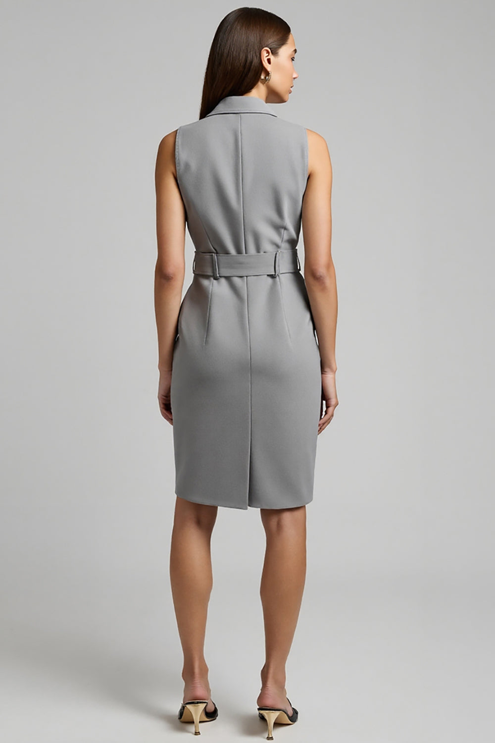 Grey Satin Double Breasted Notched Lapel Midi Work Dress with Belt