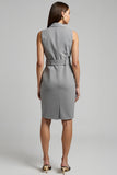 Grey Satin Double Breasted Notched Lapel Midi Work Dress with Belt