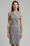 Grey Satin Double Breasted Notched Lapel Midi Work Dress with Belt