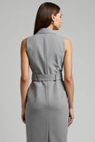 Grey Satin Double Breasted Notched Lapel Midi Work Dress with Belt