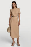 Camel Satin Bodycon Long Work Dress with Sleeves