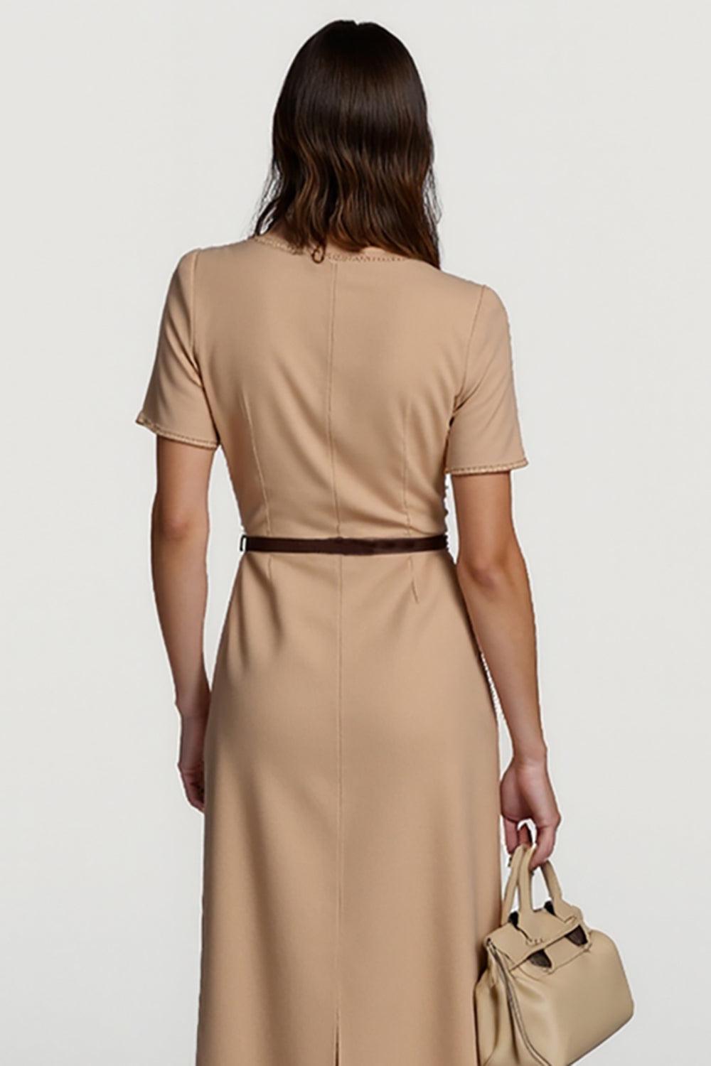 Camel Satin Bodycon Long Work Dress with Sleeves
