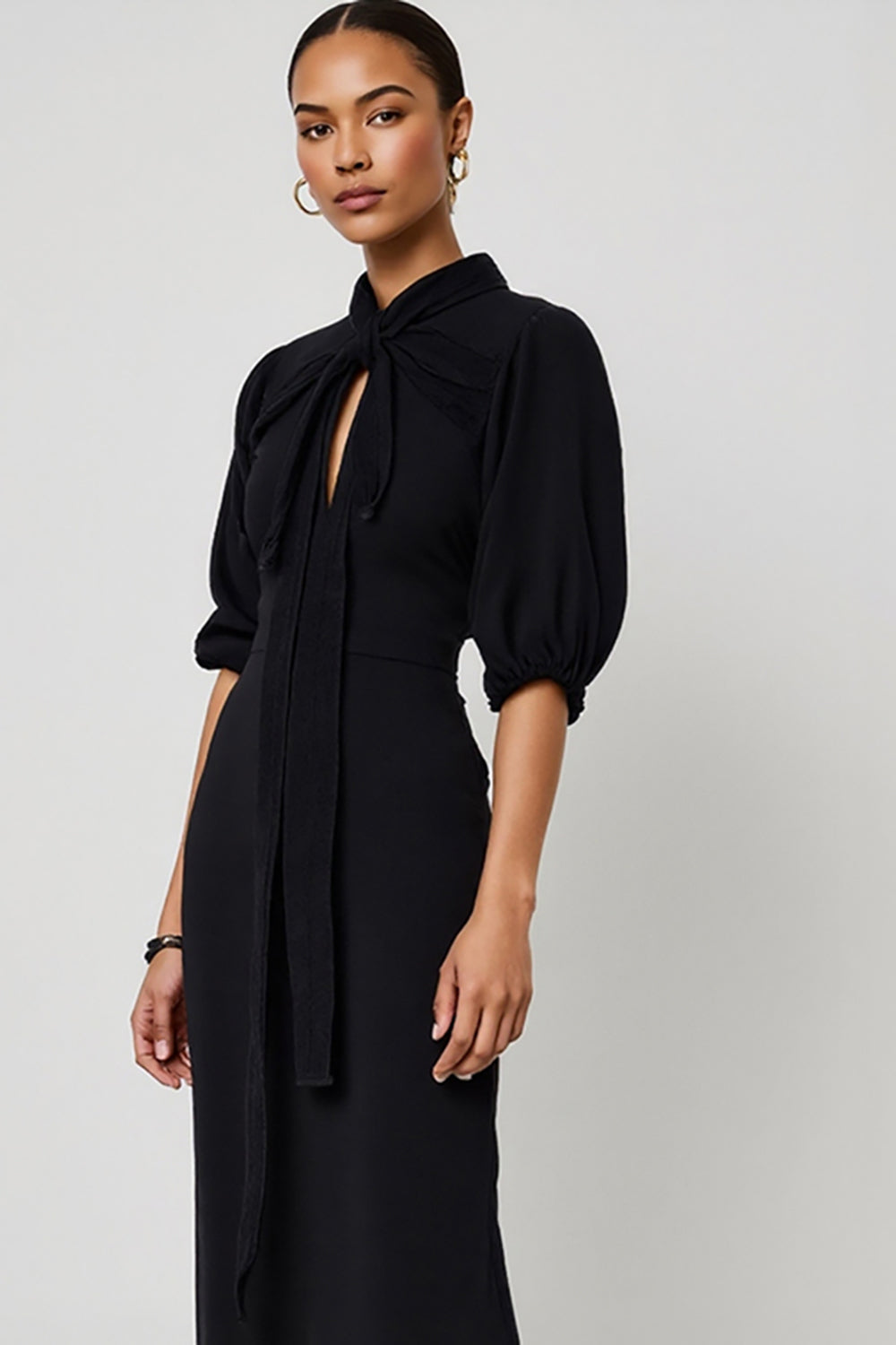 Black Sheath Half Sleeves Maxi Formal Dress with Keyhole