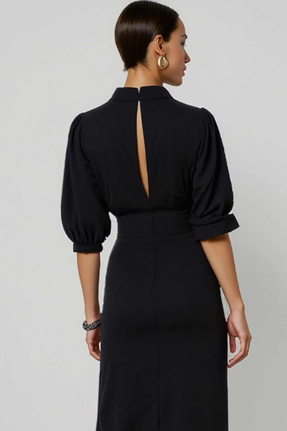 Black Sheath Half Sleeves Maxi Formal Dress with Keyhole