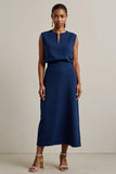Navy Round Neck Sheath Maxi Work Dress