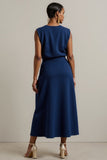 Navy Round Neck Sheath Maxi Work Dress
