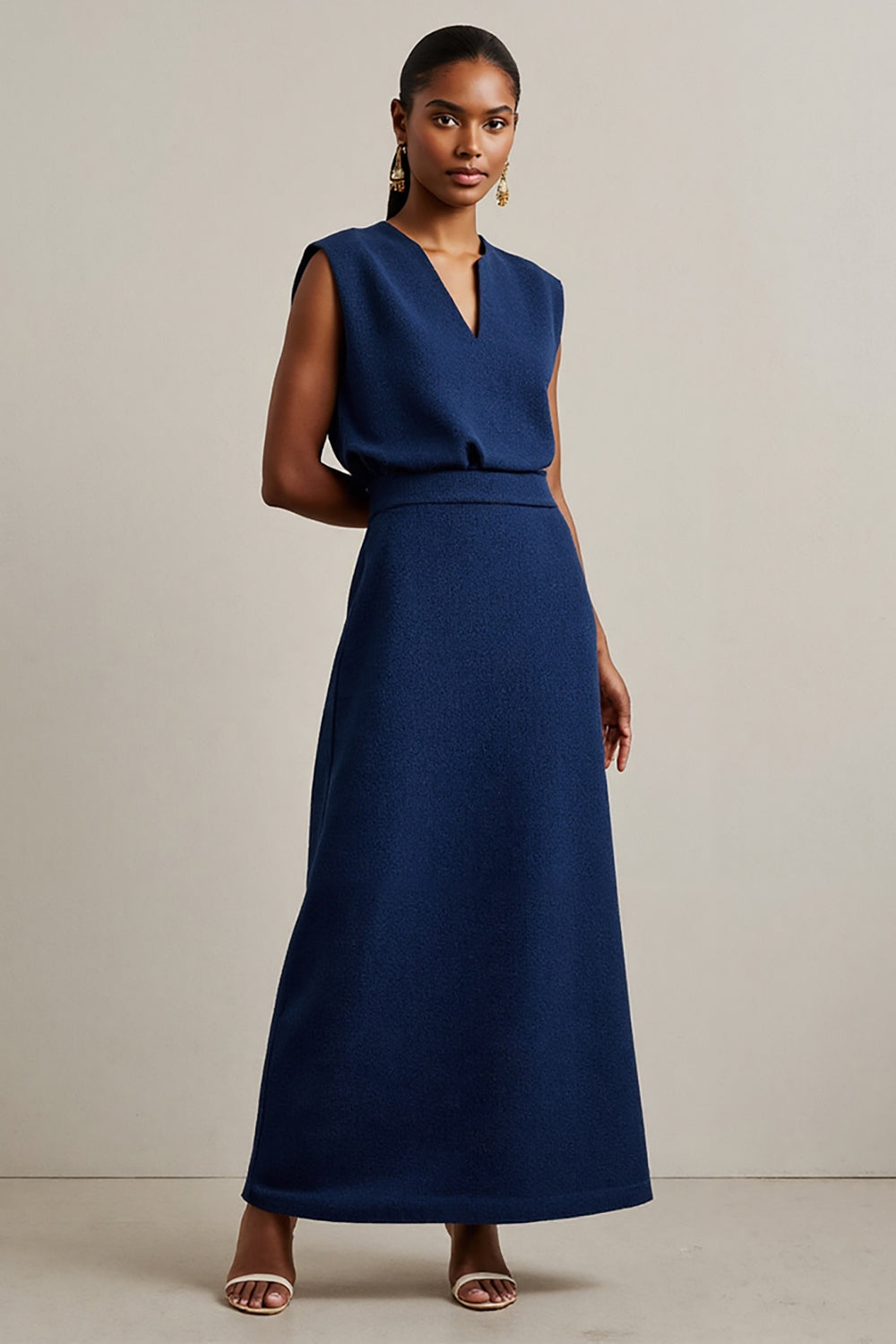 Navy Round Neck Sheath Maxi Work Dress