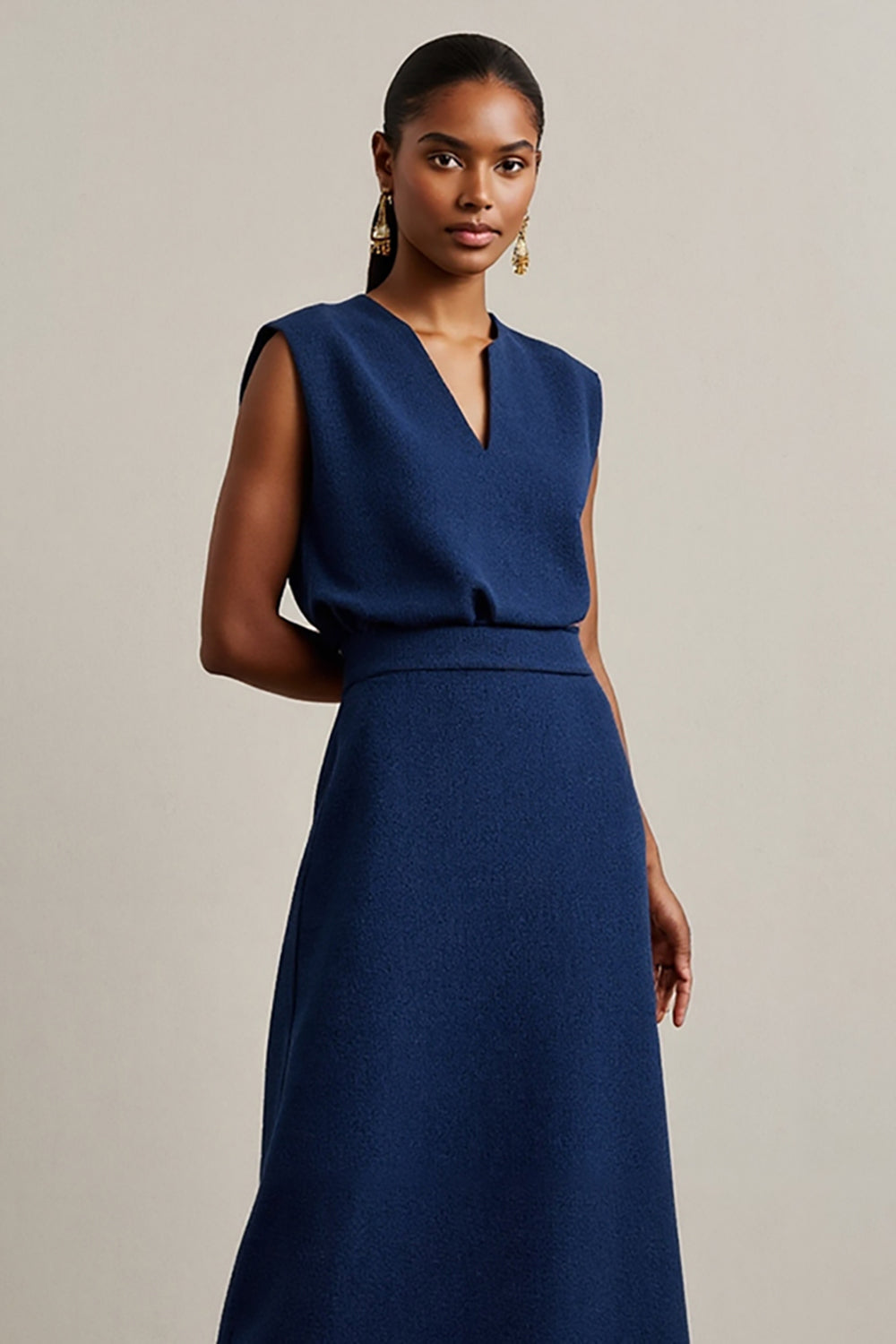 Navy Round Neck Sheath Maxi Work Dress