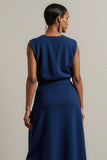 Navy Round Neck Sheath Maxi Work Dress