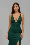 Sparkly Dark Green Mermaid V-Neck Long Holiday Party Dress With Slit