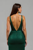 Sparkly Dark Green Mermaid V-Neck Long Holiday Party Dress With Slit