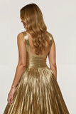 Golden Metallic Pleated A Line Long Holiday Dress