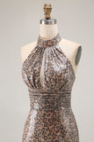 Glitter Golden Leopard Mermaid Halter Long Prom Dress with Slit