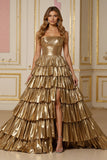 Golden Tiered A Line Metallic Strapless Holiday Dress