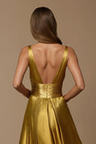 Golden Metallic Satin Deep V Neck A Line Holiday Dress