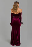 Burgundy Long Sleeves Off The Shoulder Holiday Party Dress With Slit