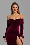 Burgundy Long Sleeves Off The Shoulder Holiday Party Dress With Slit