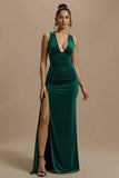 Dark Green V Neck Sheath Long Formal  Dress With Slit