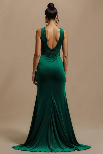 Dark Green V Neck Sheath Long Formal  Dress With Slit