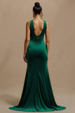Dark Green V Neck Sheath Long Formal  Dress With Slit
